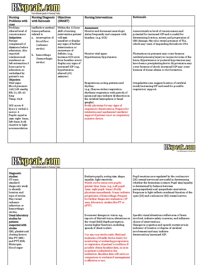 Cerebrovascular Accident Nursing Care Plan Stroke