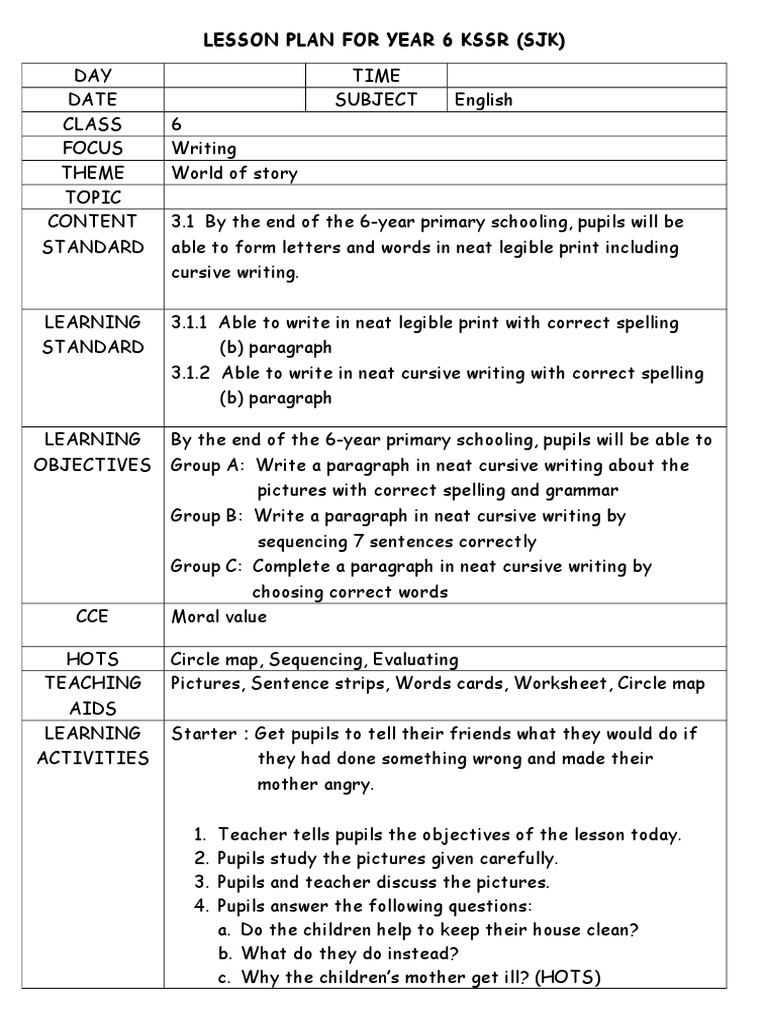 Lesson Plan for Year 6 Kssr-sjk | Lesson Plan | Cognitive ...