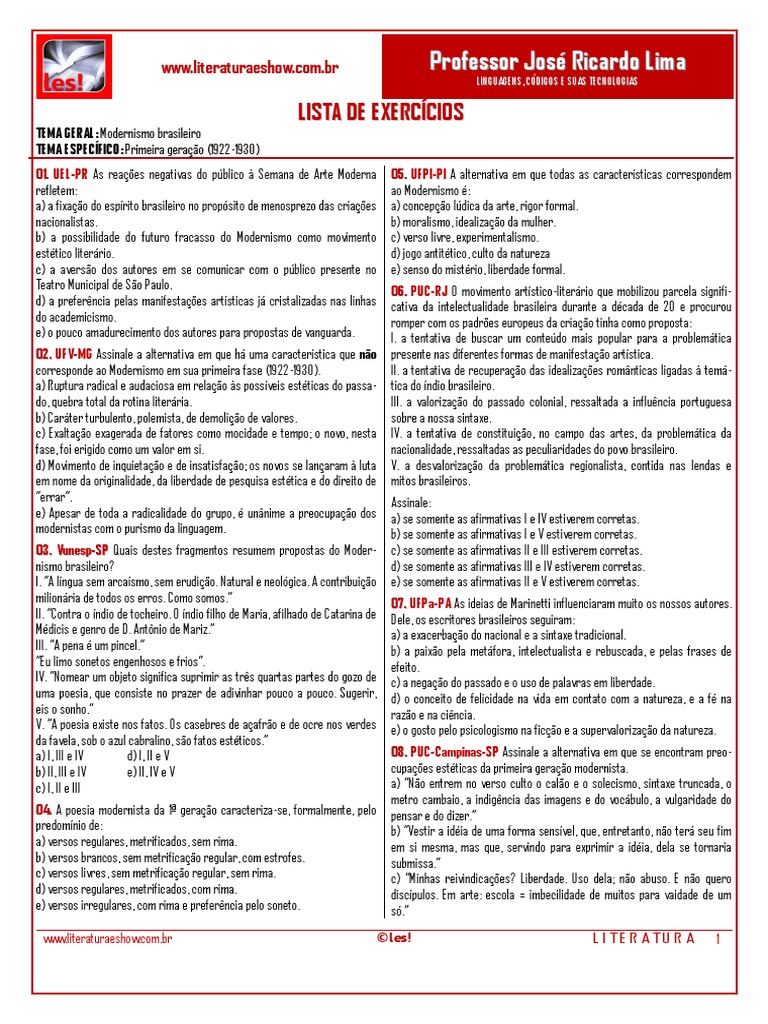 Lista de Exercícios sobre a segunda fase do Modernismo no Brasil