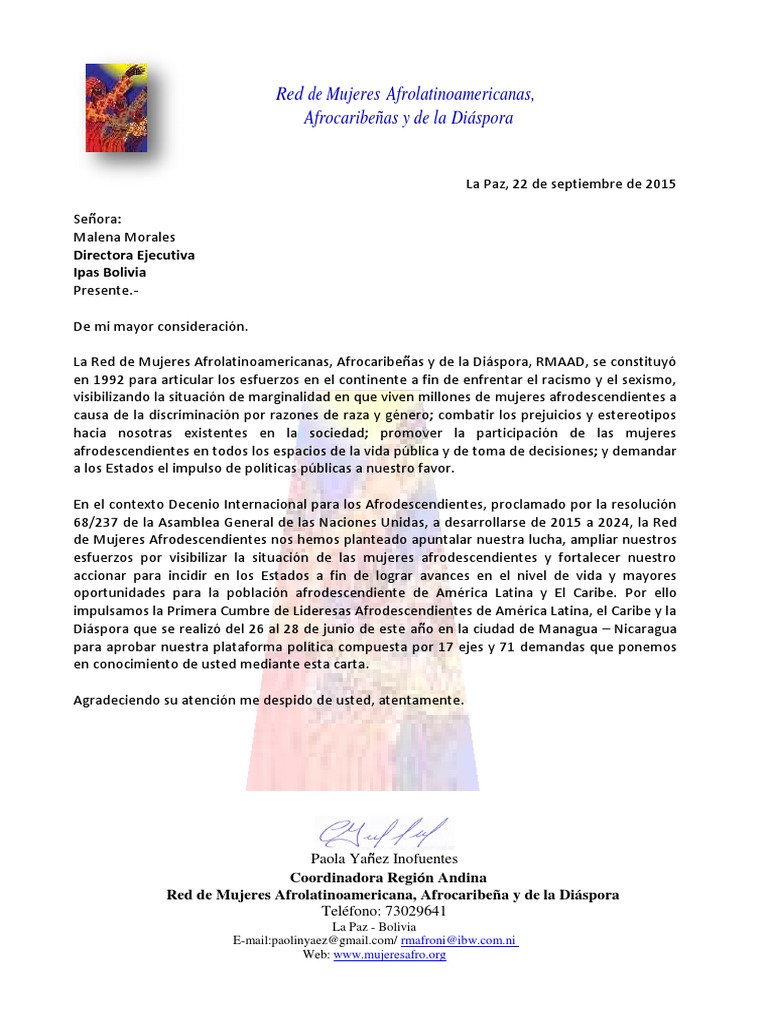 Carta Red de Mujeres Afrolatinoamericanas, Afrocaribeñas y de la