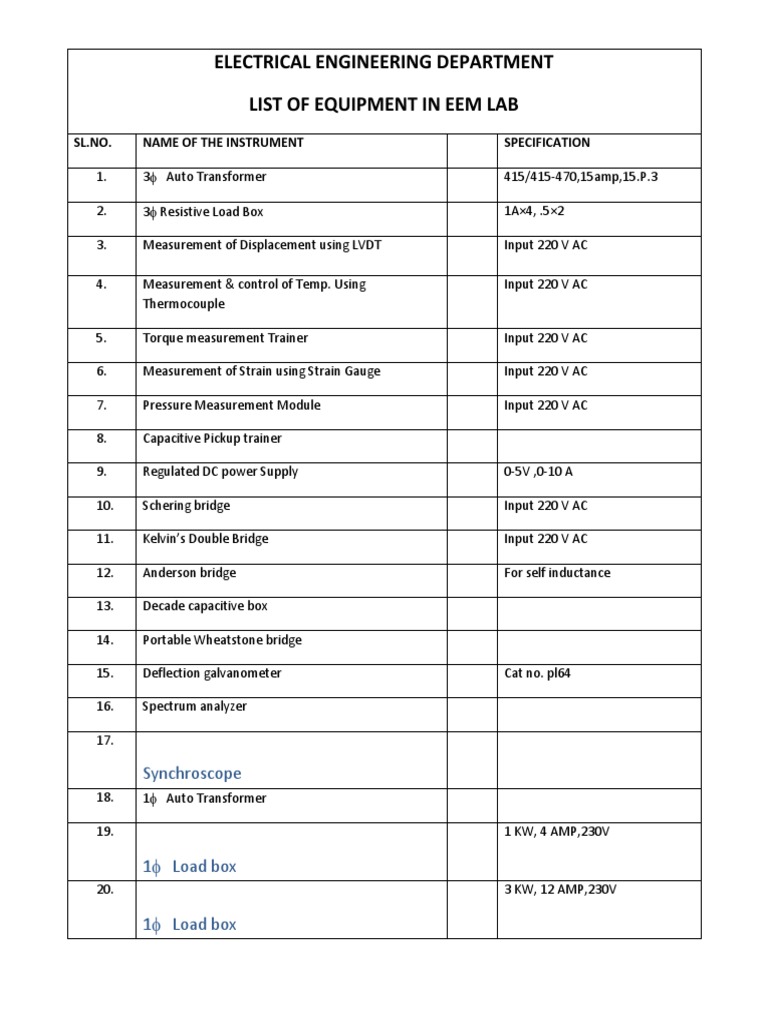 Electrical Engineering Lab Equipment List | PDF