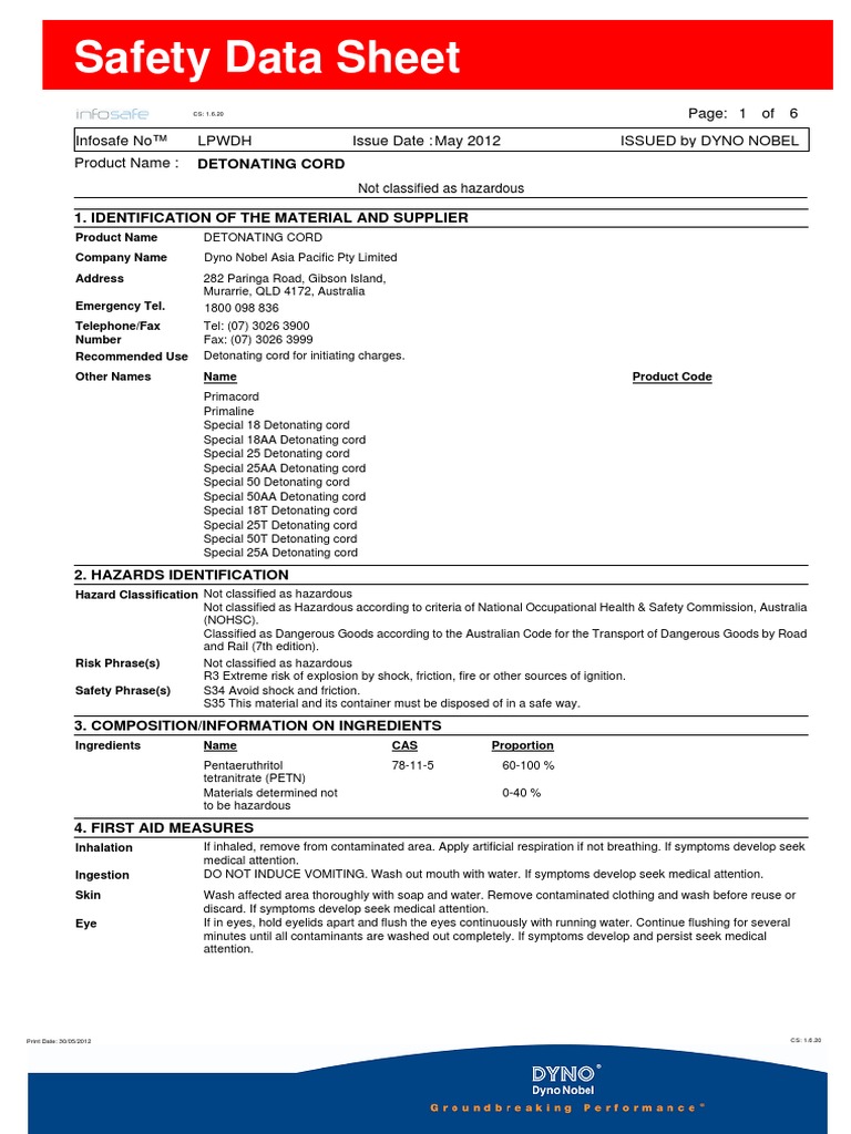 Lpwdh Detonating Cord Dangerous Goods Explosive Material