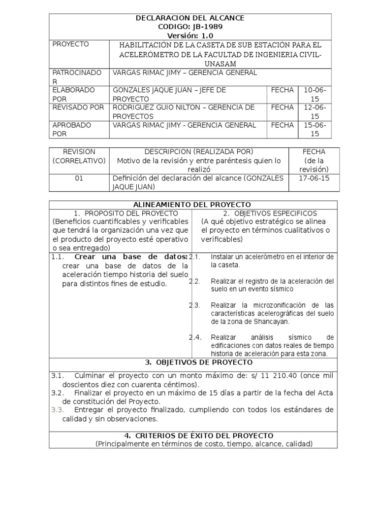 Declaracion Del Alcance Del Proyecto | Fundación ...