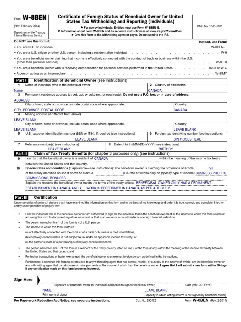 W 8ben For Cdn Beachbody Coaches Sample Irs Tax Forms Government Of The United States