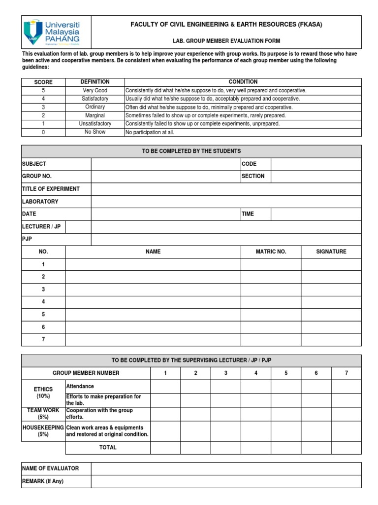 Lab Group Member Evaluation Form | PDF