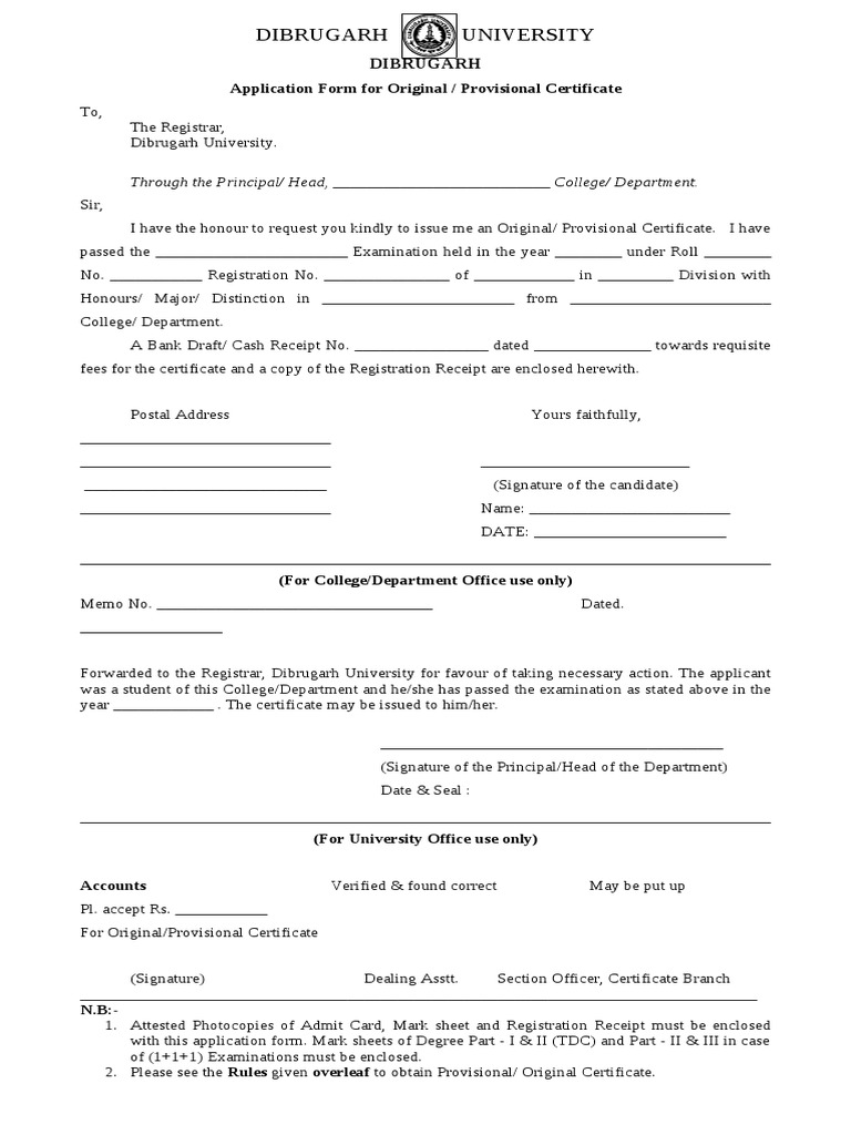 Application Form For Original Certificate PDF Postgraduate