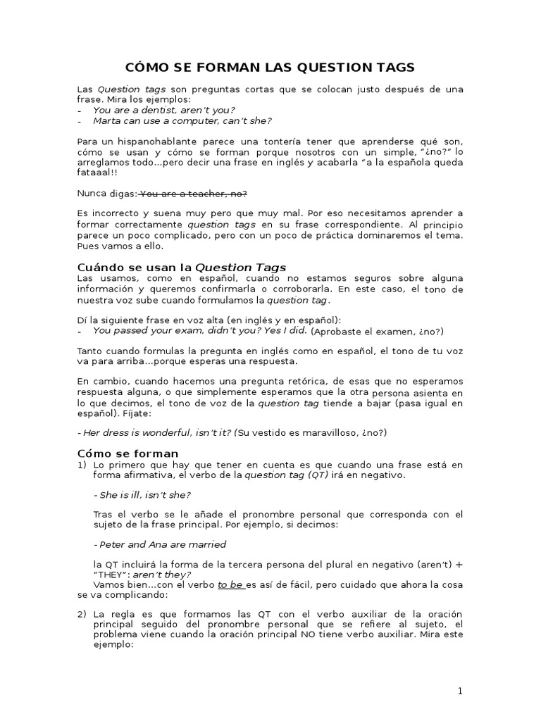 Cómo Se Forman Las Question Tags PDF Oración (Lingüística) Asunto
