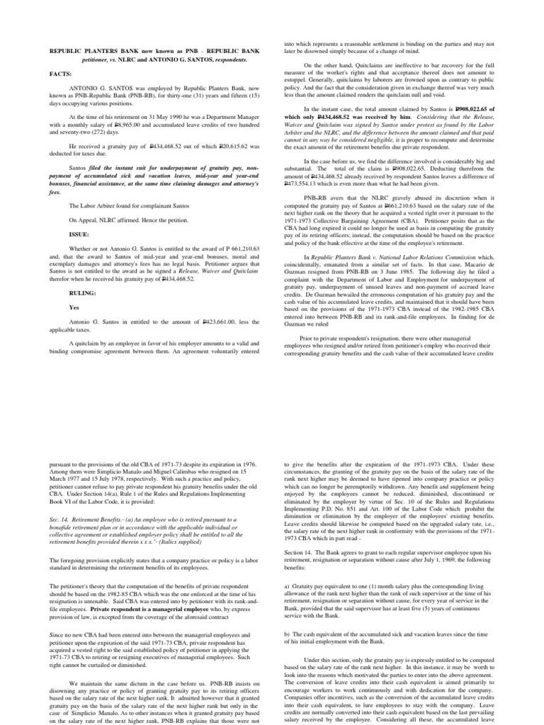 Labor Republic Planters Bank V NLRC PDF Gratuity Employment