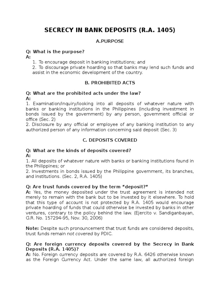 Secrecy of Bank Deposits (R.A. 1405) | PDF | U.S. Securities And ...