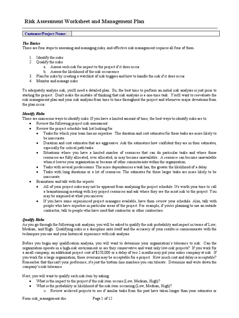 Worksheets Risk Analysis Worksheet risk assessment worksheet and management plan strategic planning
