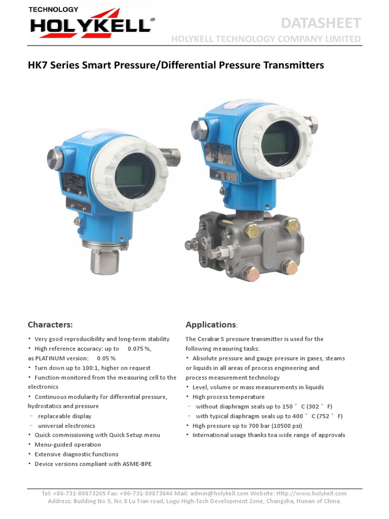 NEW HK7 Series Smart Pressure Transmitters Datasheet HOLYKELL PDF