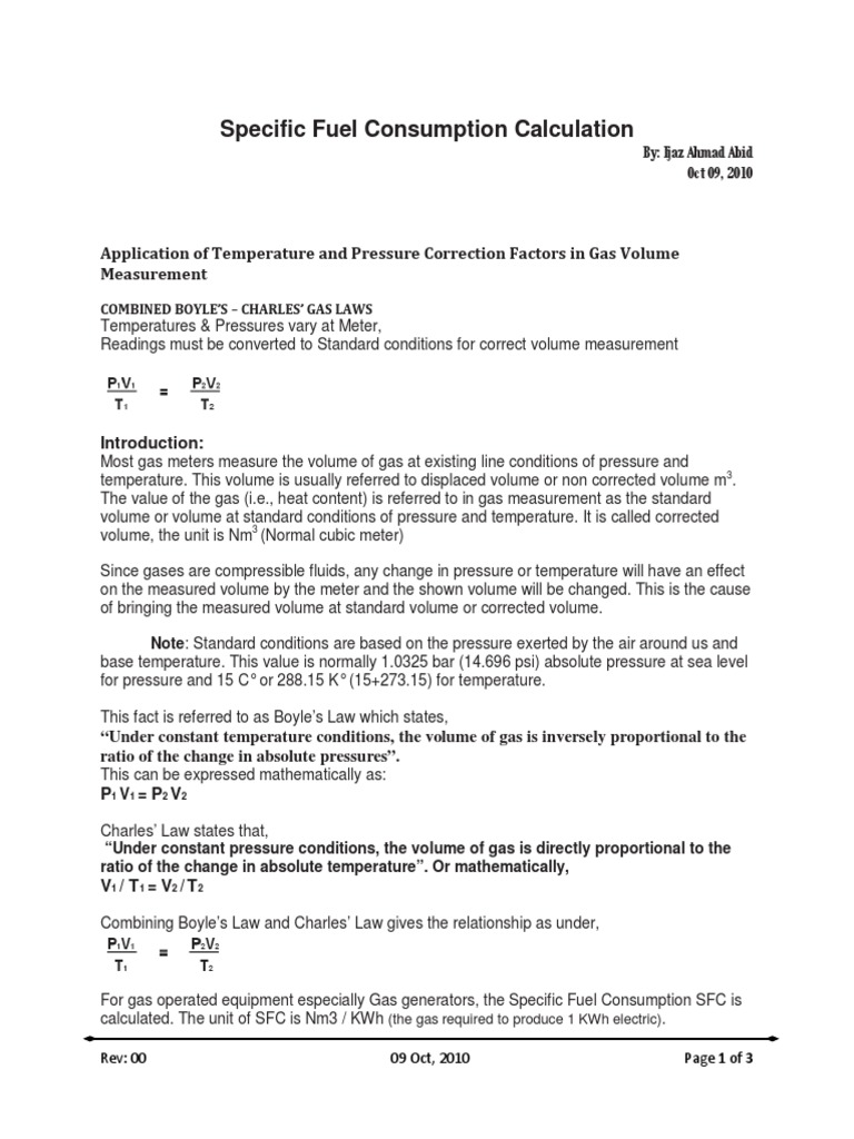 Specific Fuel Consumption Calculation Volume Gases