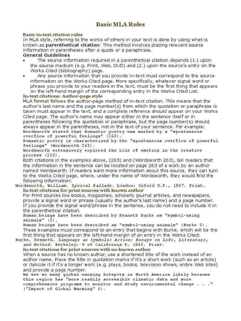 Basic MLA Rules Note (Typography) Citation