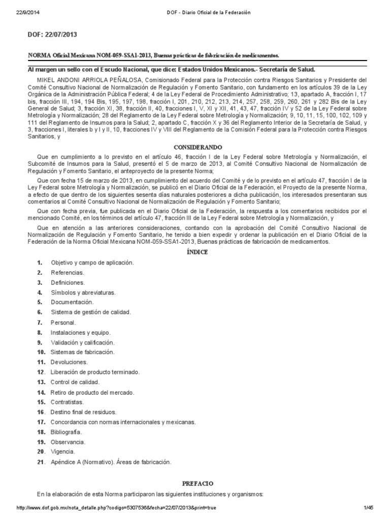 Nom 059 Ssa1 2013 | PDF | Medicamentos con receta | Calidad (comercial)