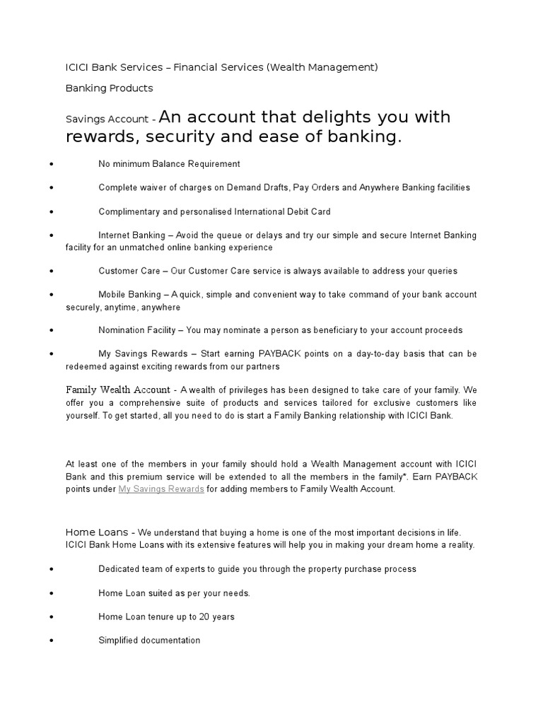ICICI Bank Services - Wealth Management | PDF | Banks | Transaction Account