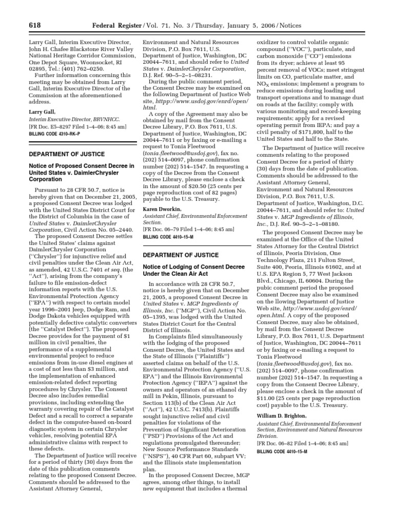 Notice Pollution Control Consent Judgments DaimlerChrysler Corp