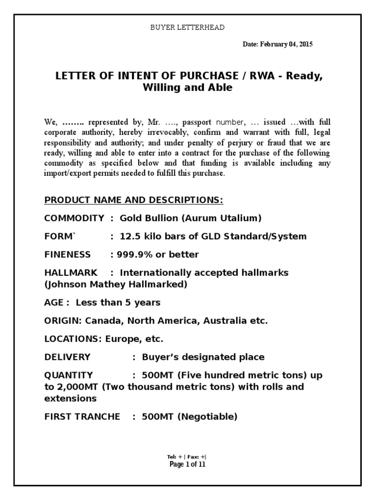 Letter of Intent for Gold Purchase | PDF | Banks | Sales