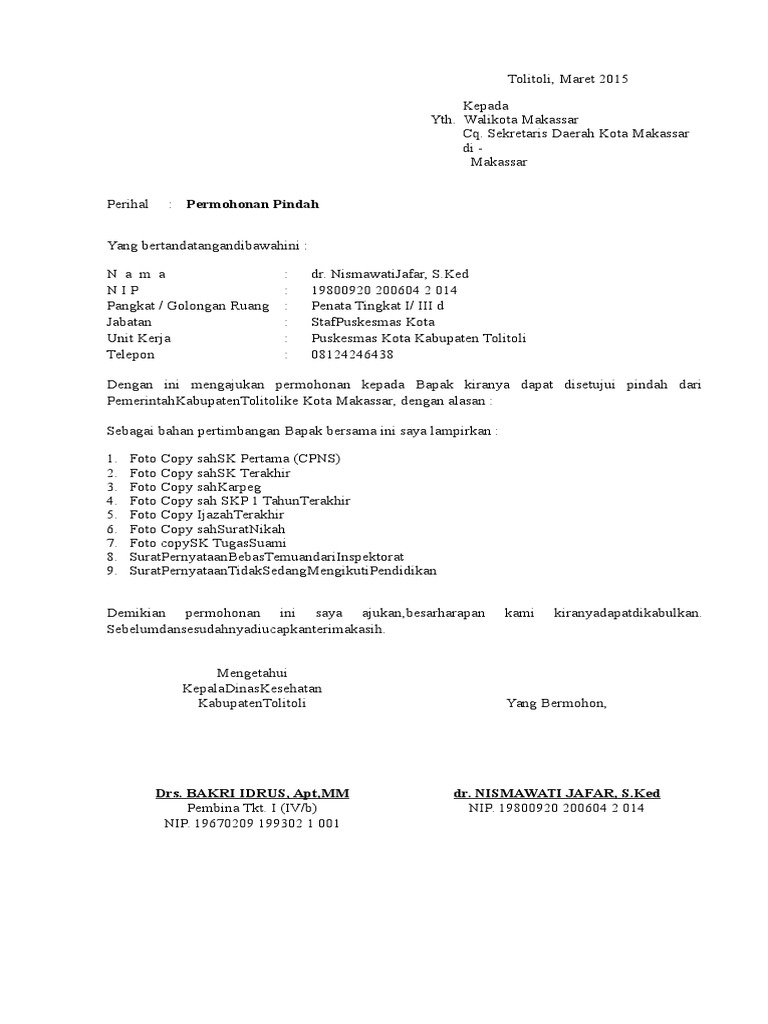 Contoh Surat Permohonan Rekomendasi Pindah Tugas Pns