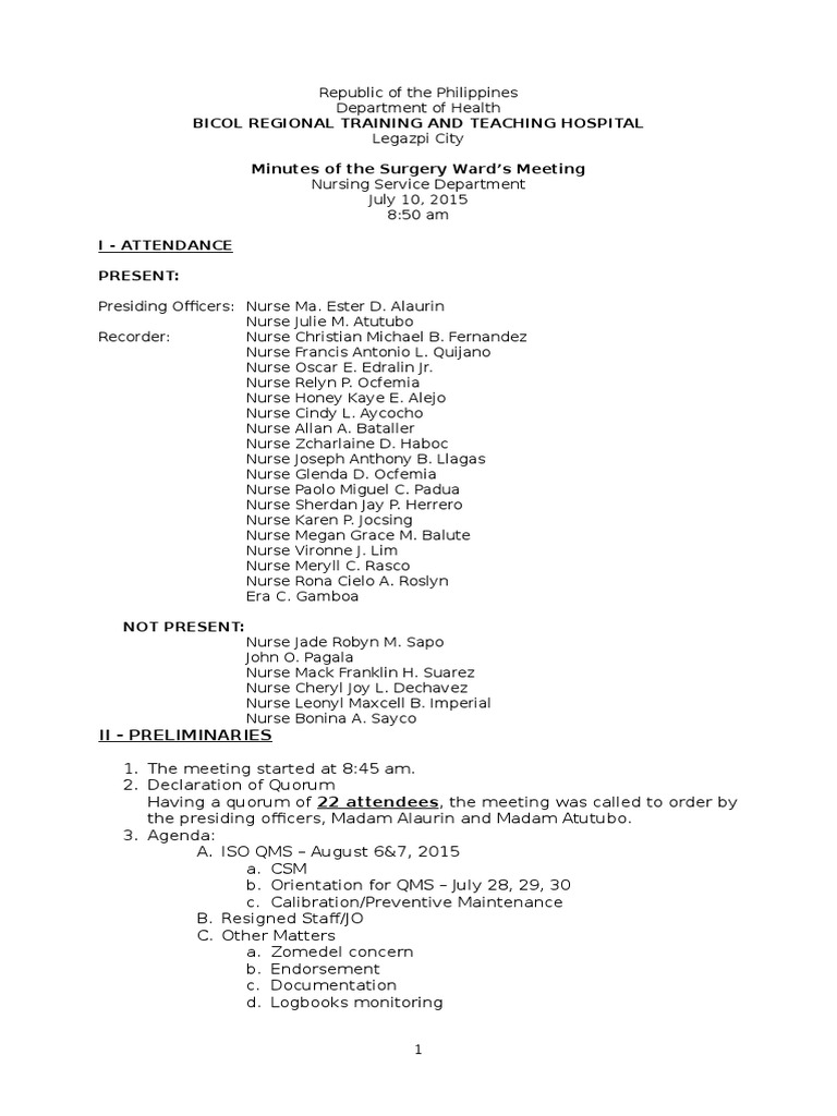 Surgery Ward Meeting Minutes - July 2015 | PDF | Patient | Clinical ...