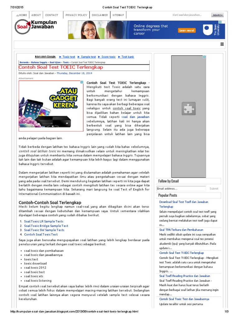 Contoh Soal Test Toeic Terlengkap