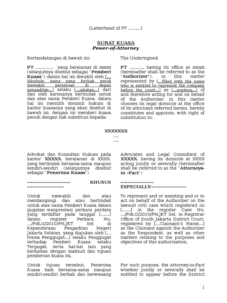 Contoh Surat Kuasa Bilingual | PDF