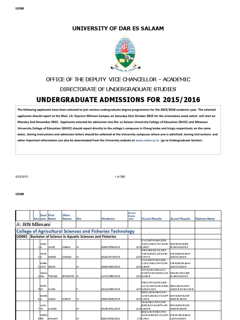 Admissions 2015_2016 UDSM Undergraduate Education Educational Stages
