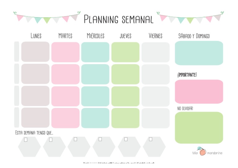 Calendario semanal imprimible: lunes a domingo