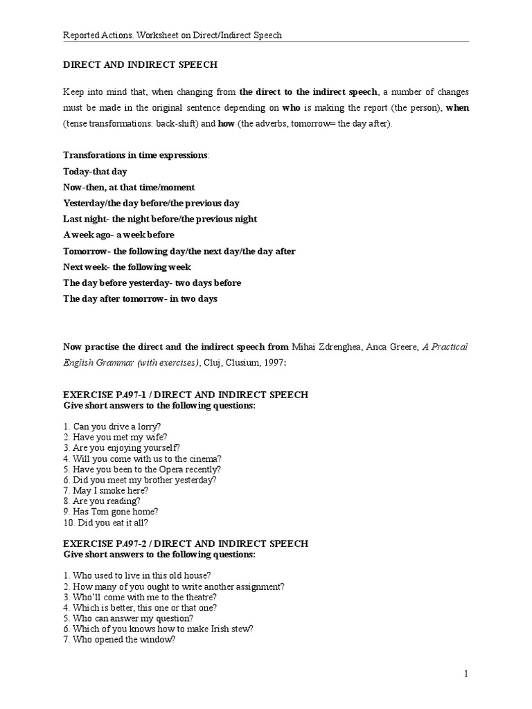 Direct and Indirect Speech Exercises | PDF | Linguistics | Syntax