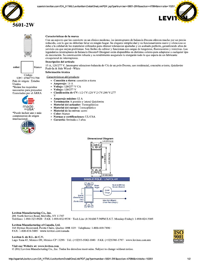 Interruptor Simple Leviton Decora 5601-2w | PDF