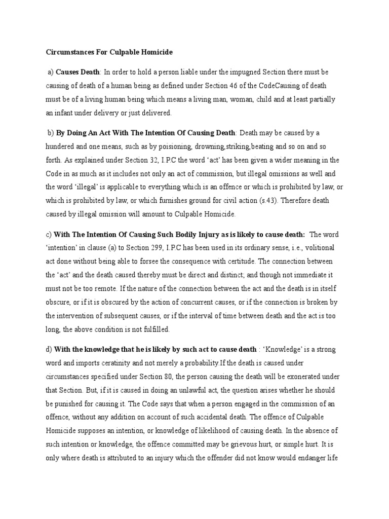 Circumstances for Culpable Homicide Murder Intention (Criminal Law)