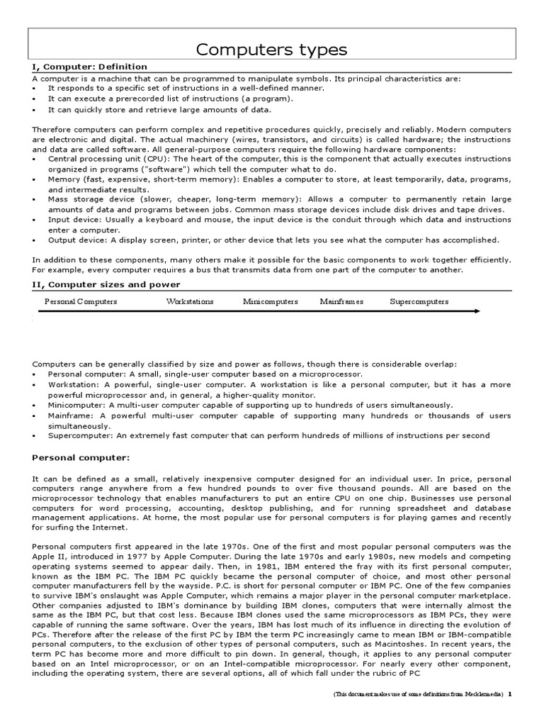 Computers Types I, Computer Definition PDF Laptop Workstation