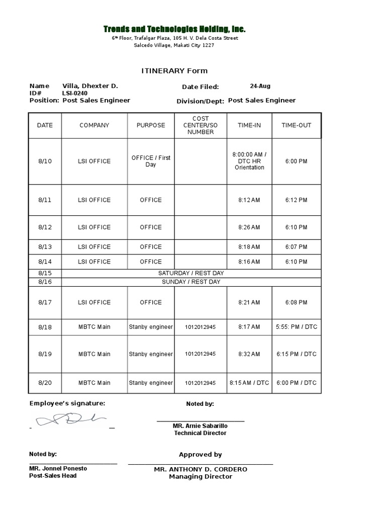 Trends and Technologies Holding, Inc.: Itinerary Form | PDF