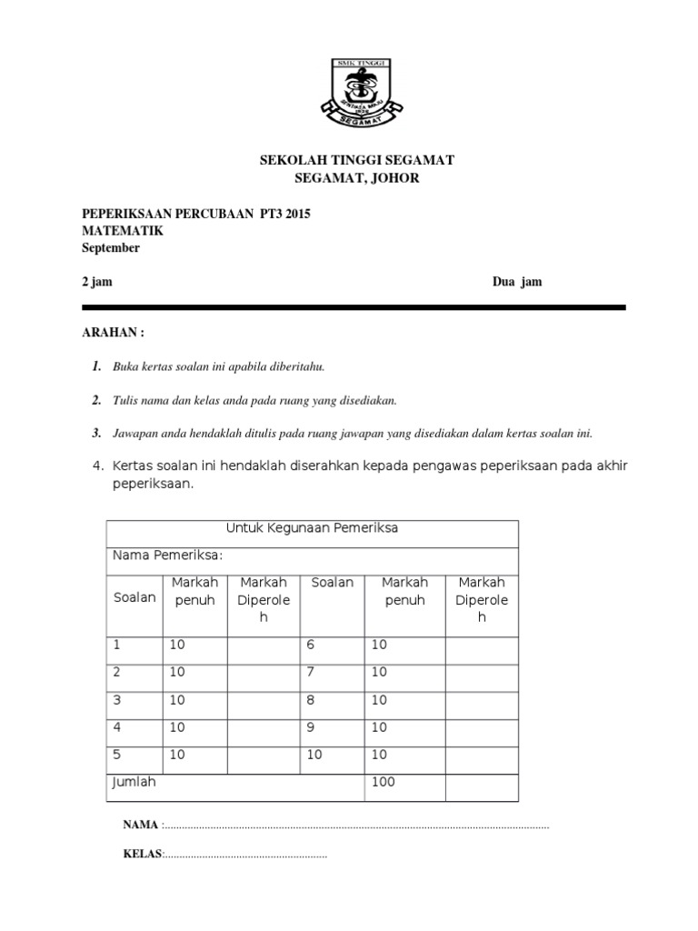 Soalan Spm Mathematics 2019 - Contoh Bait