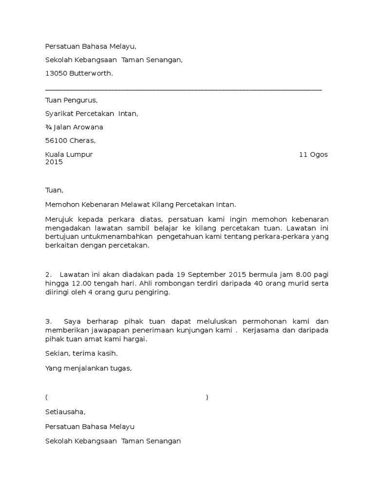 Surat Kiriman Rasmi Lawatan Sk Yaman Senangan Shidi Pdf
