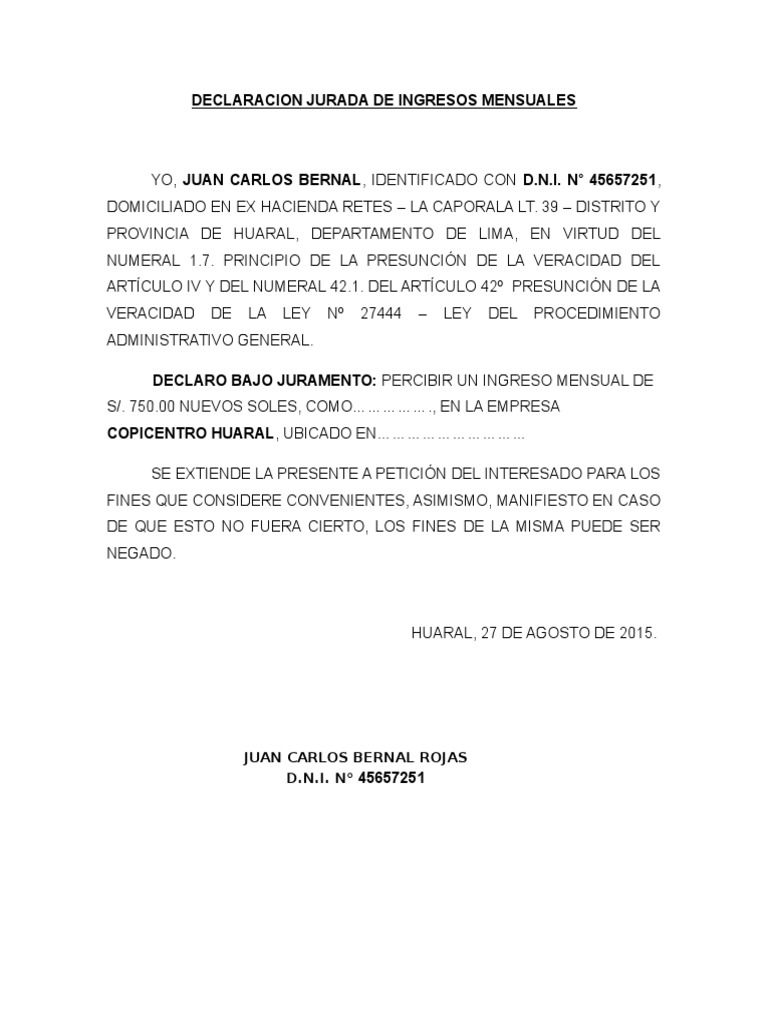 Declaración Jurada de Ingresos Mensuales | PDF