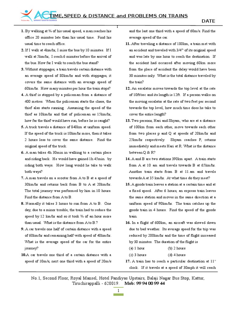 Speed, Time, and Distance Problems | PDF | Speed | Train