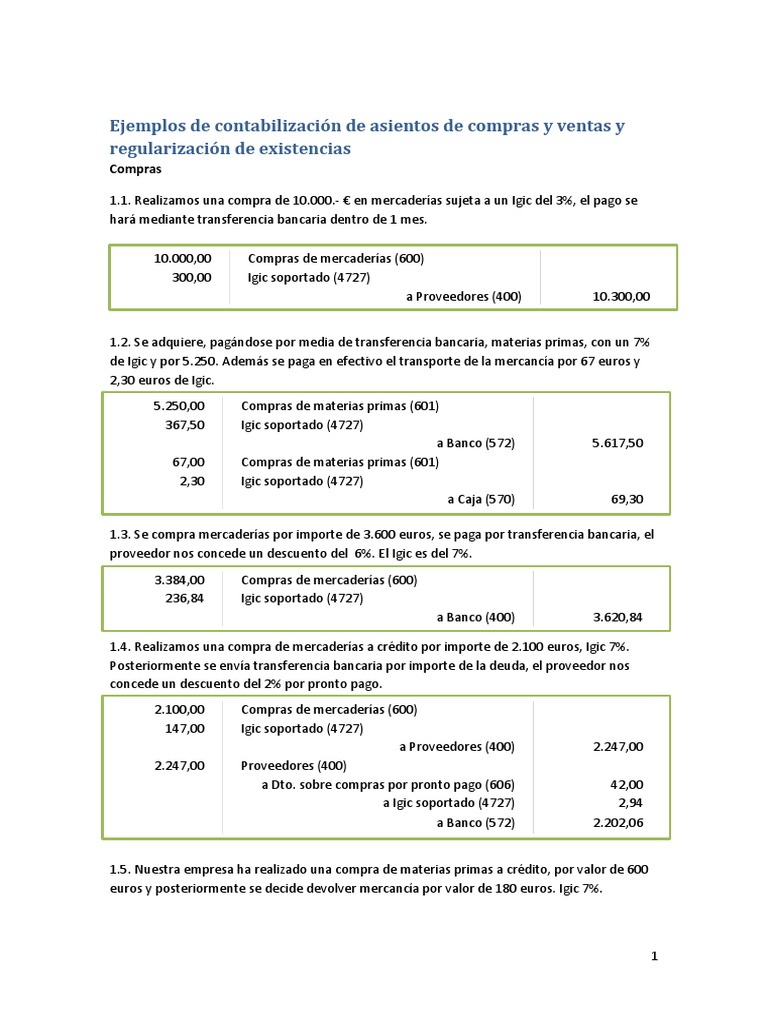 Ejemplos de Contabilización de Asientos de Compras y Ventas y Regularización de Existencias