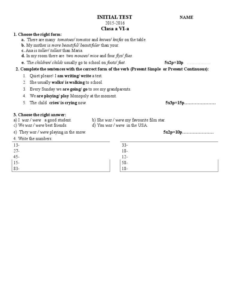 VI-a Initial English Test 2015-2016 | PDF | Wellness