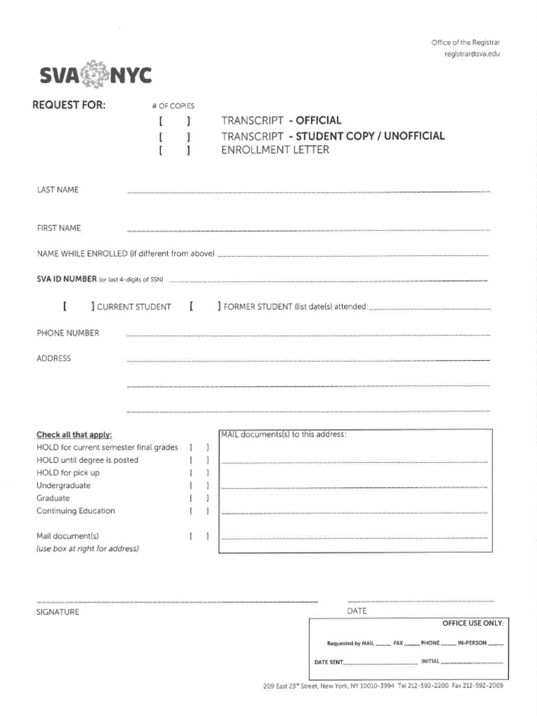 SVA Transcript and Enrollment Request Form | PDF