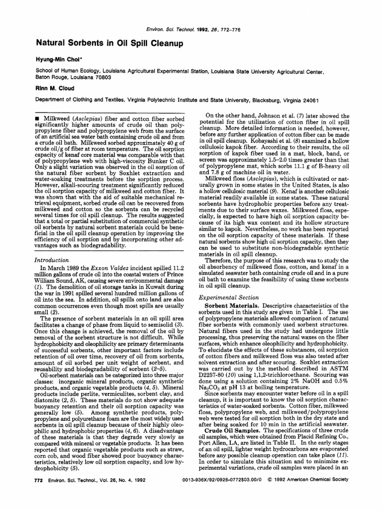 Natural Sorbents in Oil Spill Cleanup PDF Petroleum Fibers