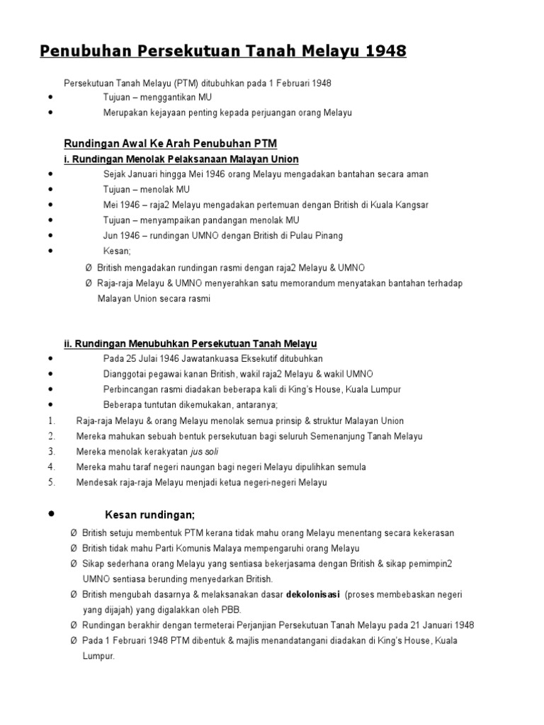 Penubuhan Persekutuan Tanah Melayu 1948 Pdf