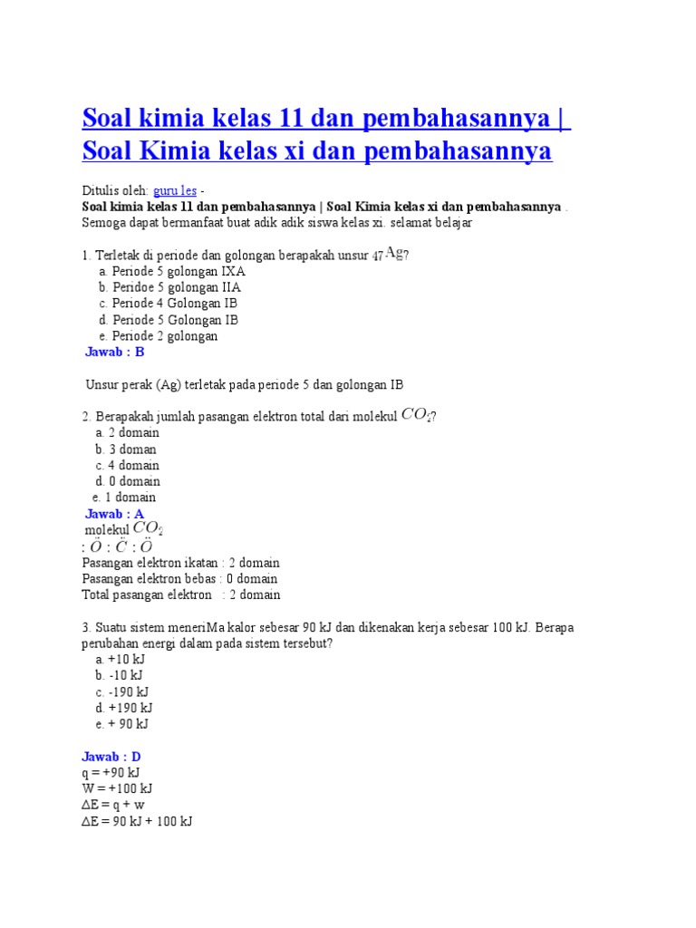 Soal Kimia Kelas 11 Dan Pembahasannya