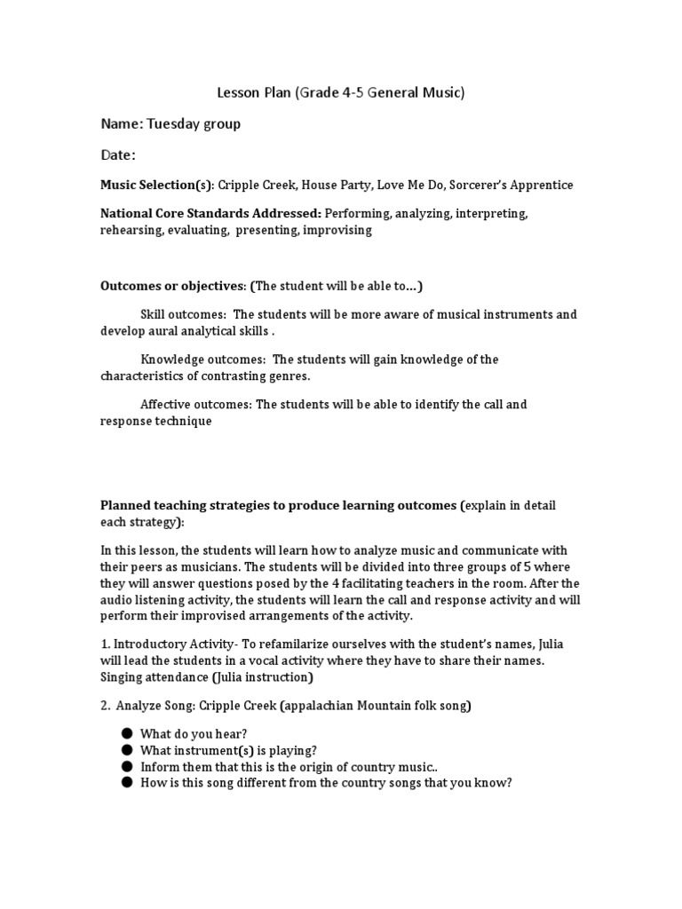 Lesson Plan Grade 4 5 General Music Name Tuesday Group Date PDF