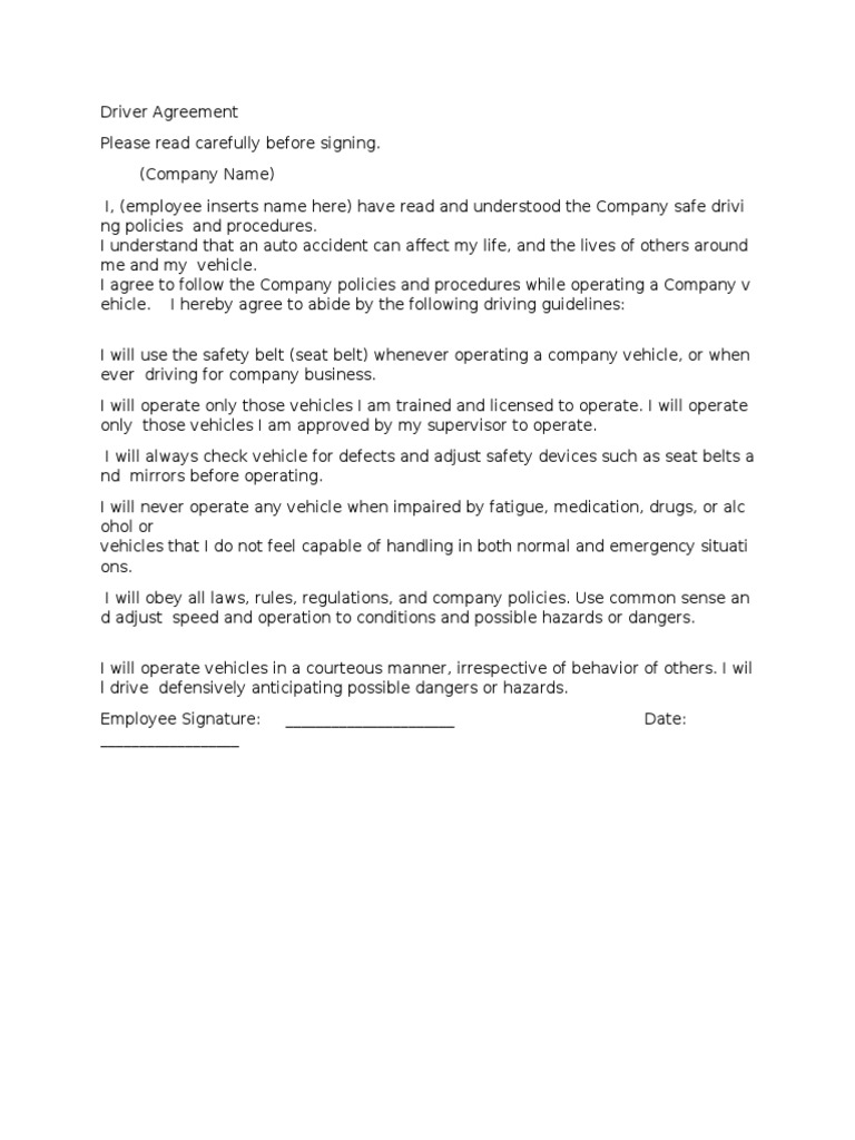 Driver Employment Agreement Template | PDF