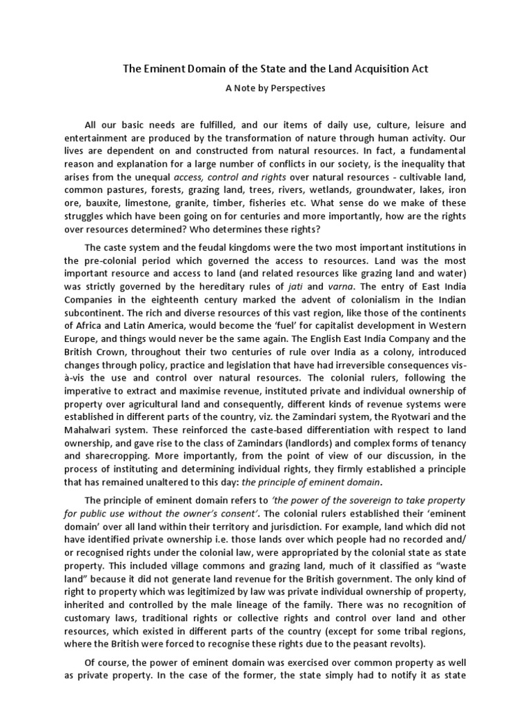 Concept Note On Eminent Domain And Land Acquisition Pdf Eminent