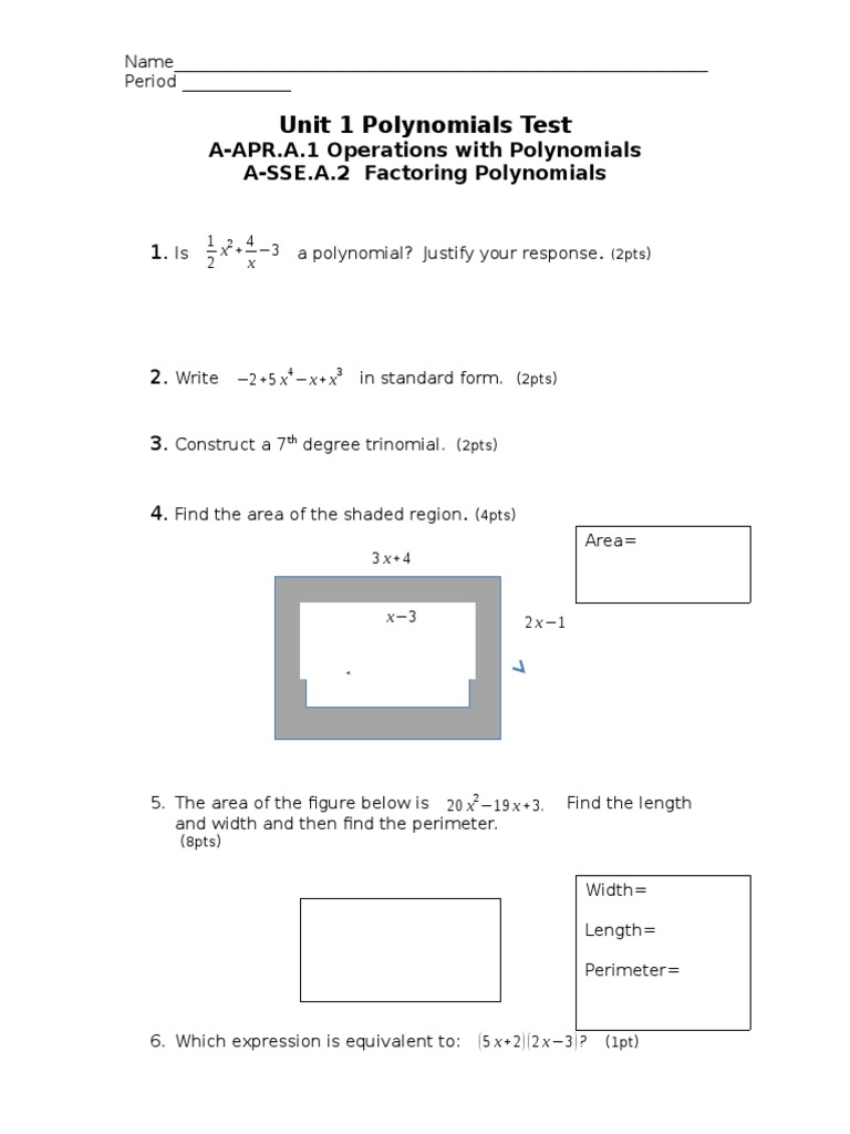 Unit 1 Polynomials Test | PDF | Teaching Methods & Materials | Science ...