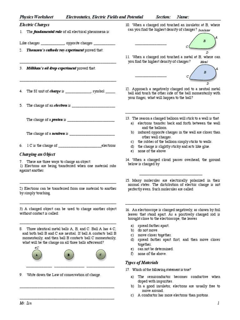 Electrostatics Worksheet With Answers