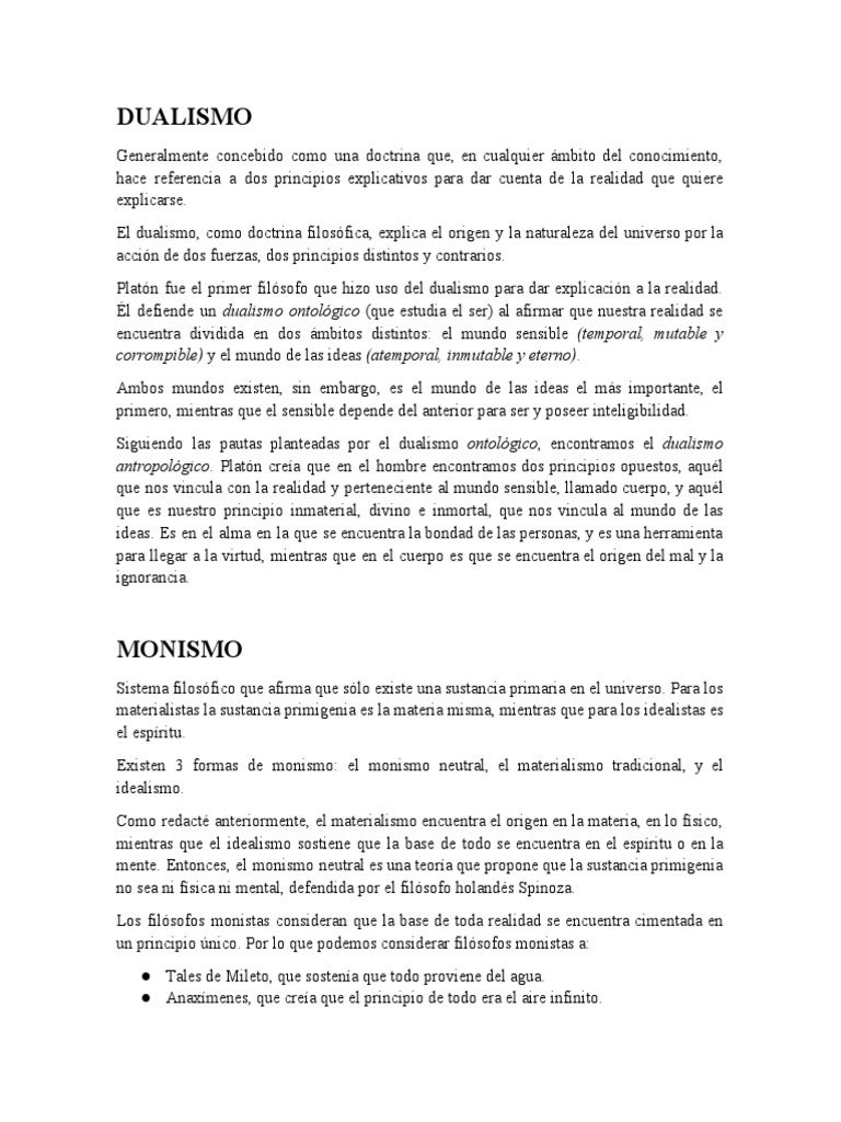 Dualismo y Monismo Filosófico | PDF | Monismo | Dualismo