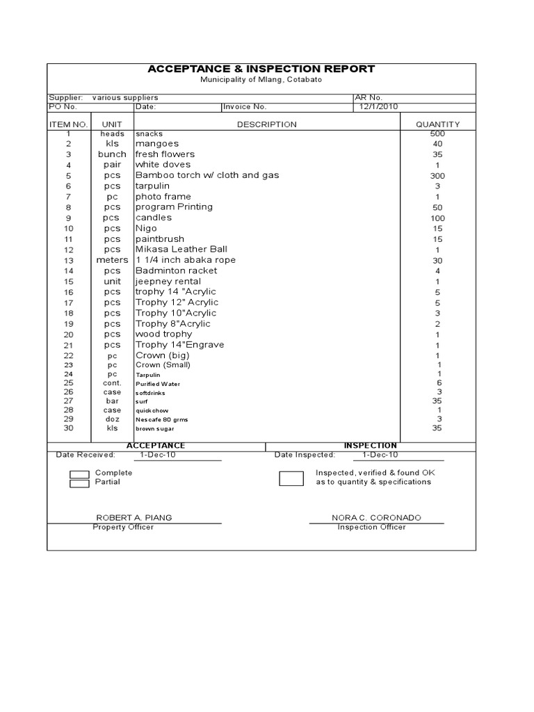 Acceptance & Inspection Report