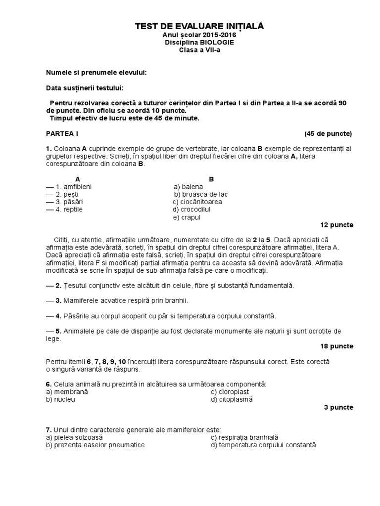 Test de Evaluare Initiala Vii | PDF